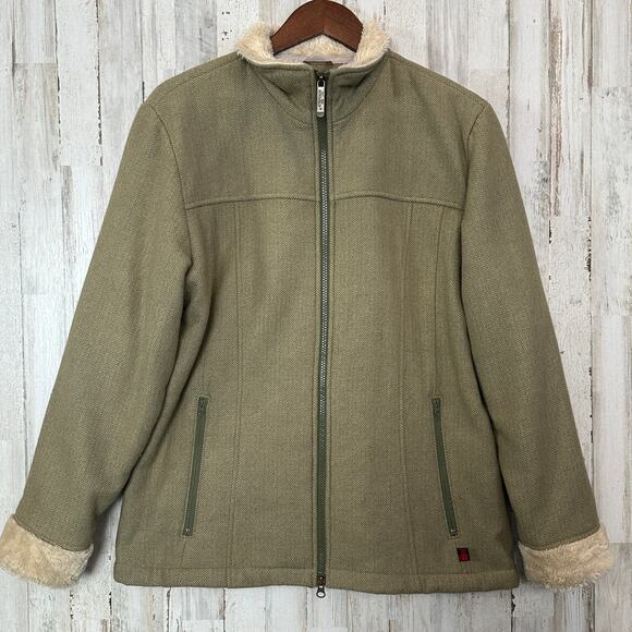 Woolrich Herringbone Wool Barn Jacket Coat Large Green Fleece Lined Full Zip EUC - Picture 1 of 10